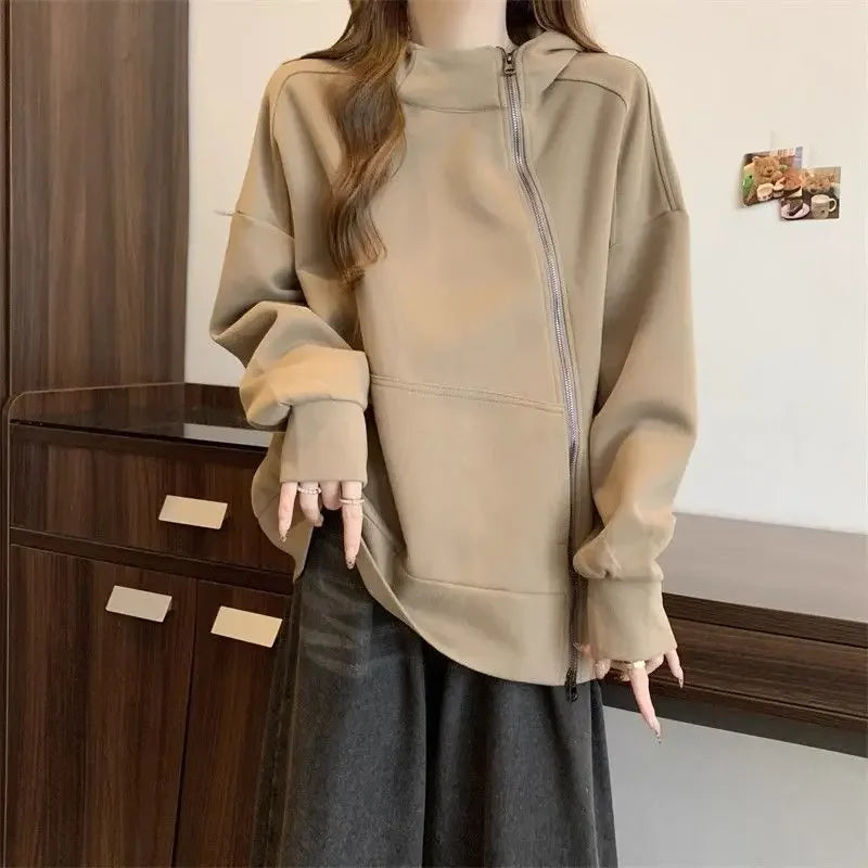 Plus Size Women Belly covering Hooded Diagonal Zipper Long sleeved Sweatshirt for Fat Girls Loose