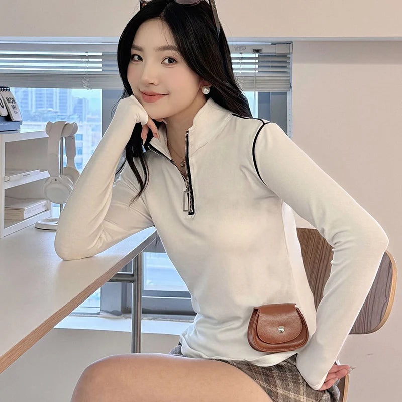 Koreaanse ritsen lange mouwen T-shirt voor vrouwen staande kraag slim fit trui vrouw