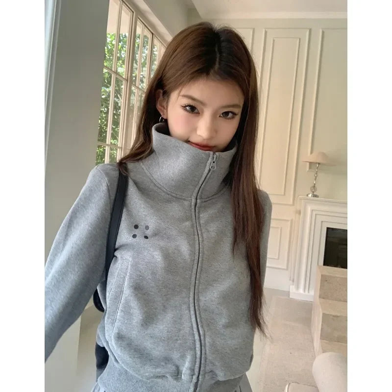 Coltruien voor dames, effen ritsontwerp, chique Koreaanse stijl, eenvoudig