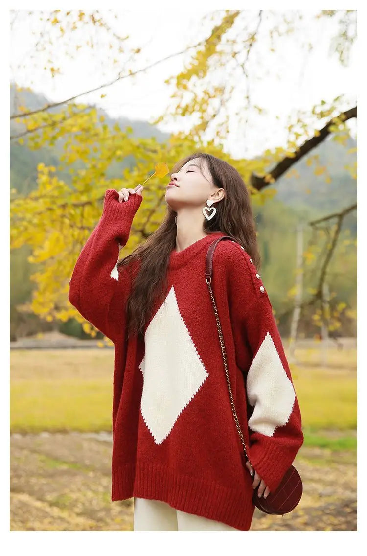 Kerstrode losse trui voor dames, herfst- en wintermode, gebreide top, dik