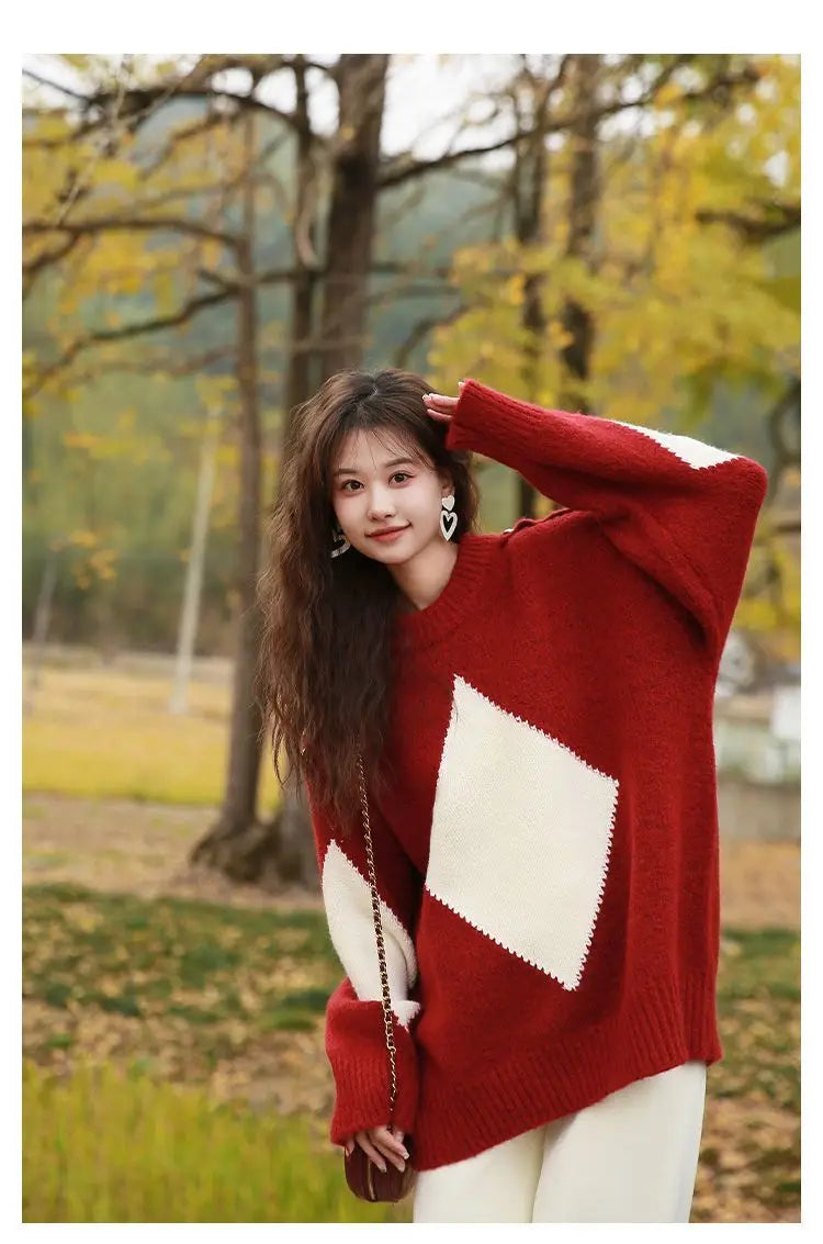 Kerstrode losse trui voor dames, herfst- en wintermode, gebreide top, dik