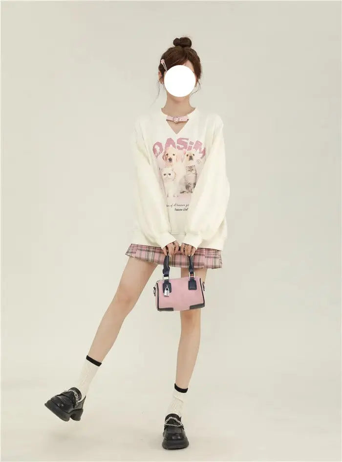 College-stijl schattige bedrukte fleece hoodie met lange mouwen voor dames en uniek ontwerp Sense Niche Loose