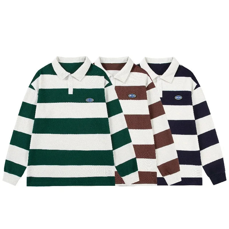 Loose Unisex Spring Autumn Trendy Striped Sweatshirt Cotton Polyester Material Couple Hong Kong