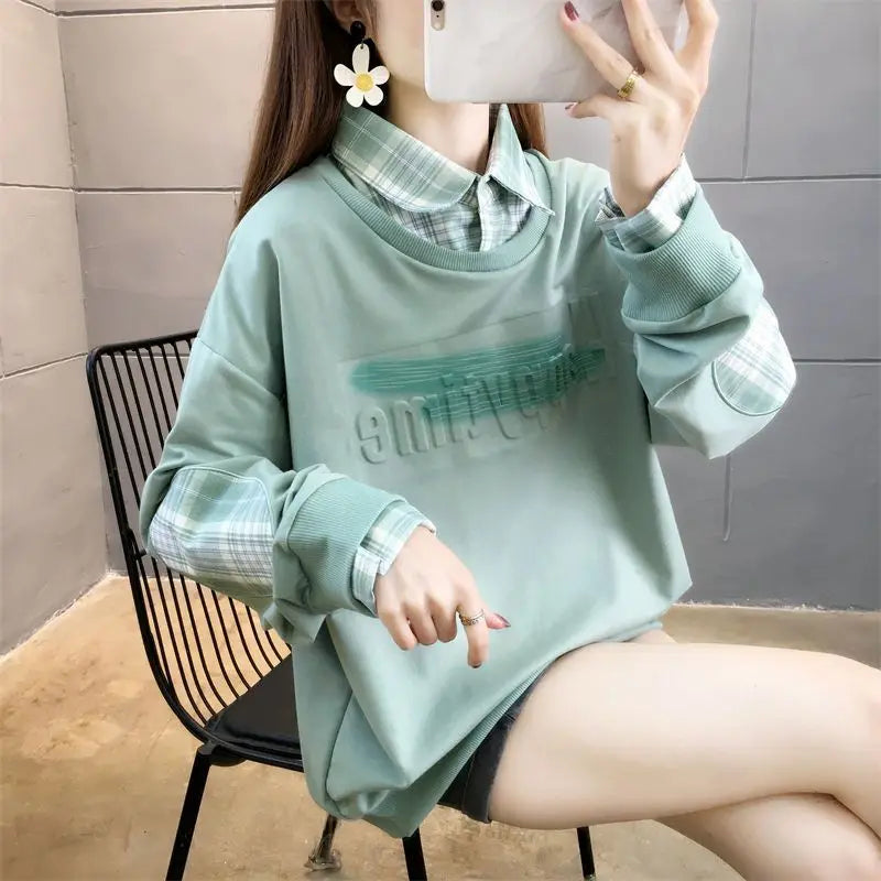 Fake Two Hoodies voor vrouwelijke studenten Koreaans ontwerp Patchwork Dun Lange mouwen Los Veelzijdig