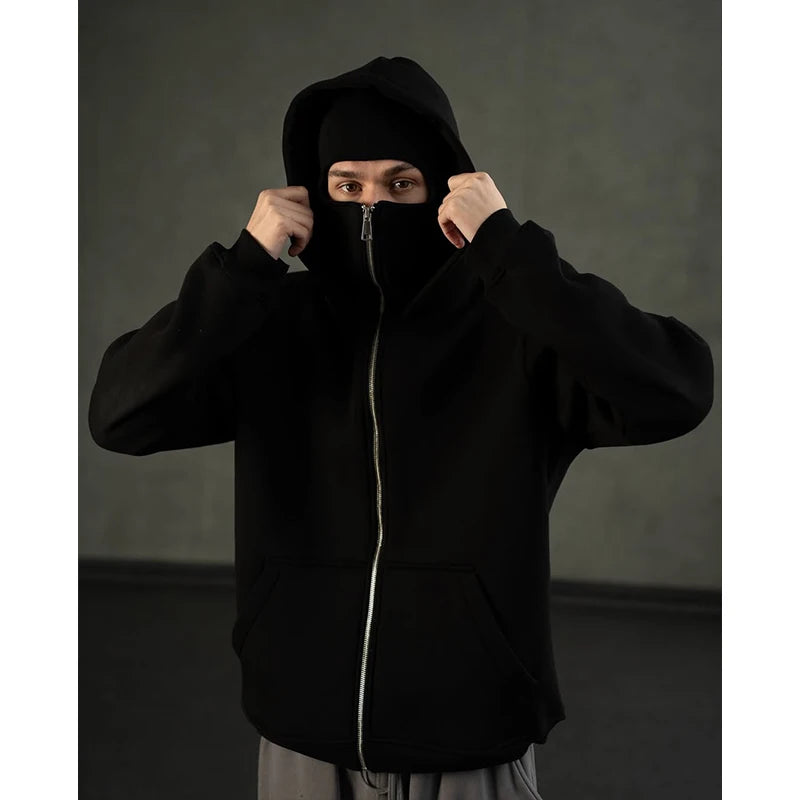 Men s Double Hat Mask Zipper Design Winter Windproof Hoodie Sports Jacket