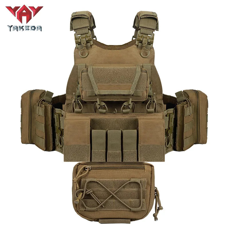 8832yakeda tactical vest is equipped with multiple accessory packs and an expandable Molle system