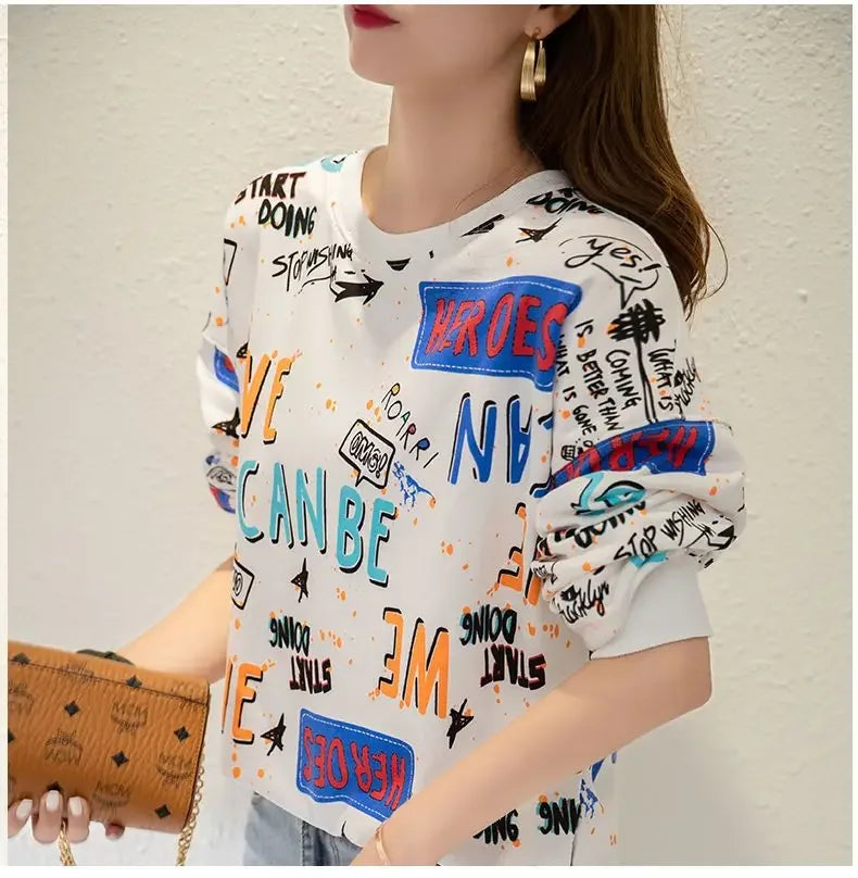 Classic Fashion Printing Letter Sweatshirts Women Long Sleeve Loose O collar Slim Casual All match