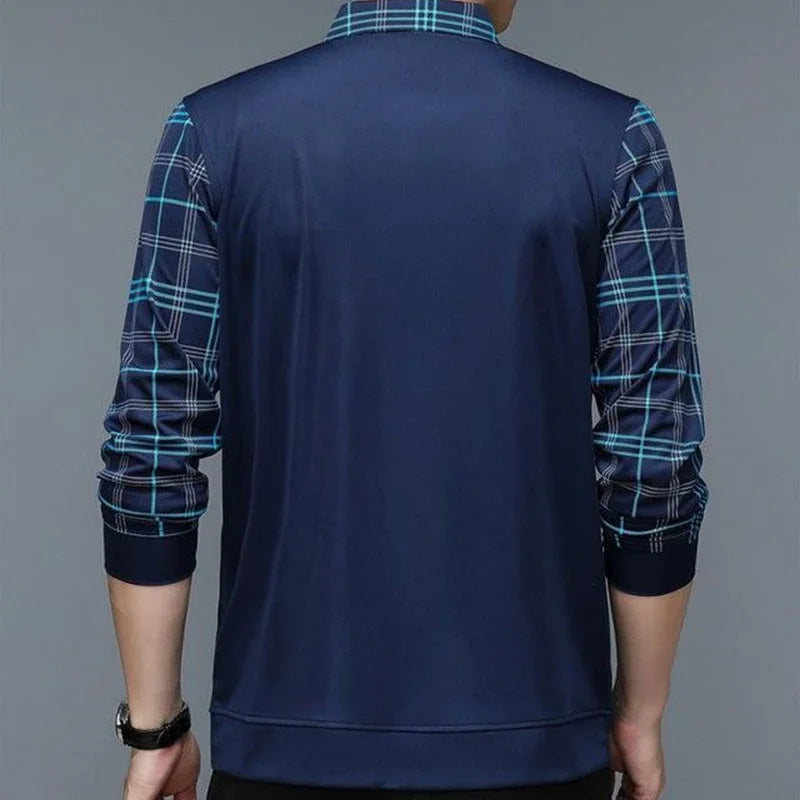 Spring Long Sleeve Polo Men s T shirt Turn down Collar Loose Solid Plaid Fashion