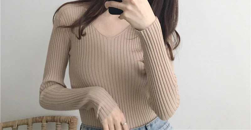 Heliar Dames V-hals Slim Sexy Trui Gebreid Lange Mouw Effen Onderkant Trui