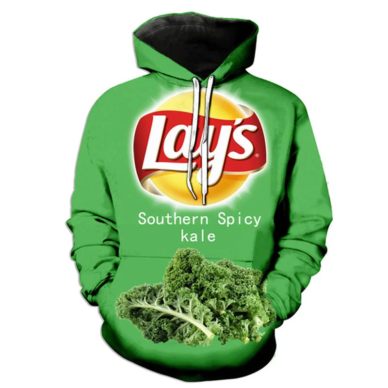 Snacks Funny Hoodies Men Fashion Potato Chips 3D Printed Long Sleeve Sweatshirts Women Casual