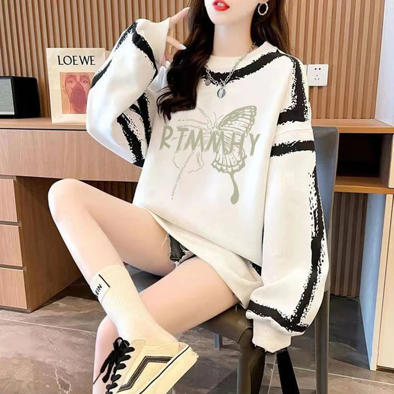Dameskleding Koreaanse vlinderprint streetwear Y2K sweatshirt casual oversized tuniek hoodie O