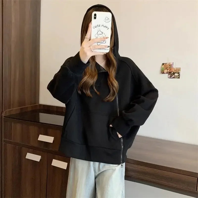 Plus Size Women Belly covering Hooded Diagonal Zipper Long sleeved Sweatshirt for Fat Girls Loose