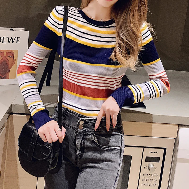 Autumn Winter Contrast Color Striped Sueters De Mujer Knitted Slim Long Sleeve