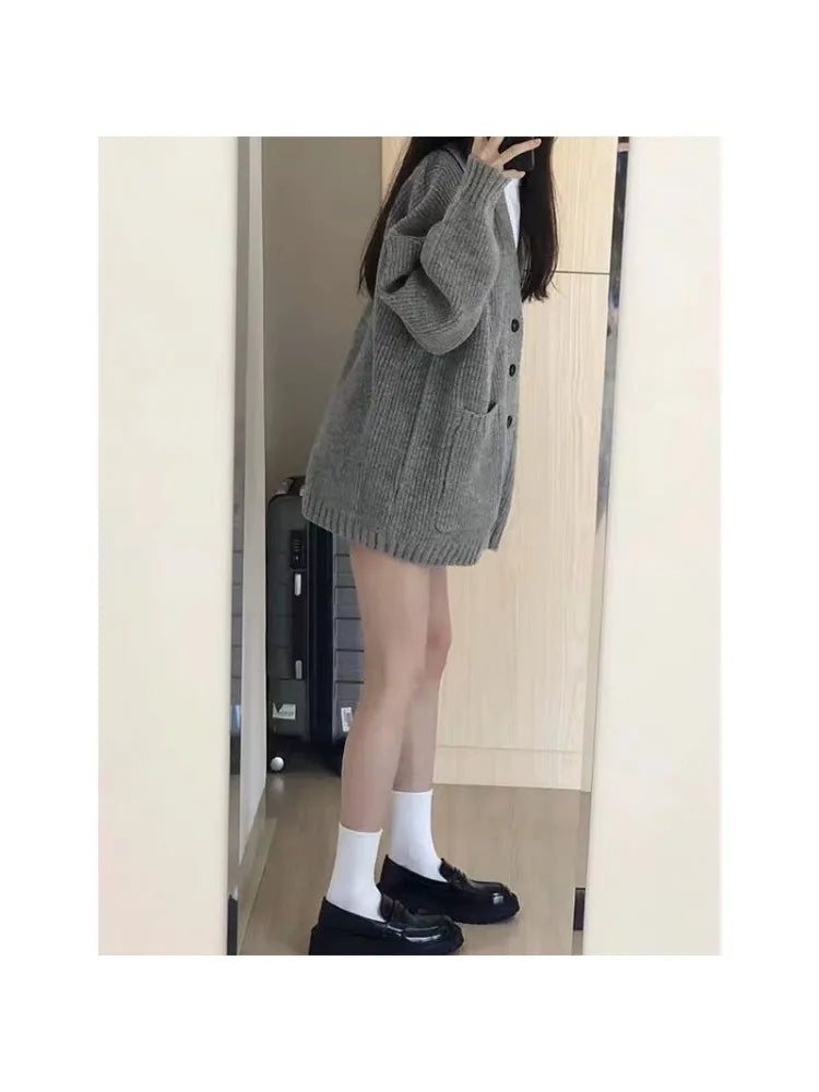 Grijze gebreide vesten voor dames, herfst/winter, dikke, warme, losse truien