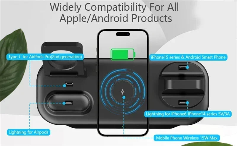 6-in-1 15W draadloze opladerstandaard voor iPhone 16, 15, 14, Samsung, Xiaomi, Apple
