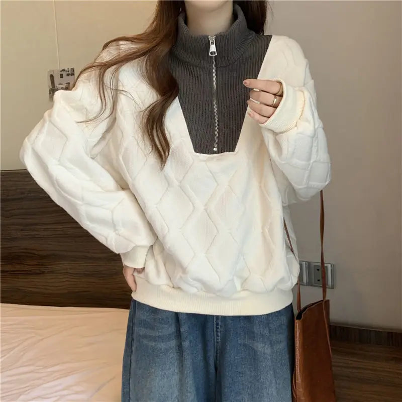 Driedimensionale sweatshirt met rits voor dames, herfst- en wintertop