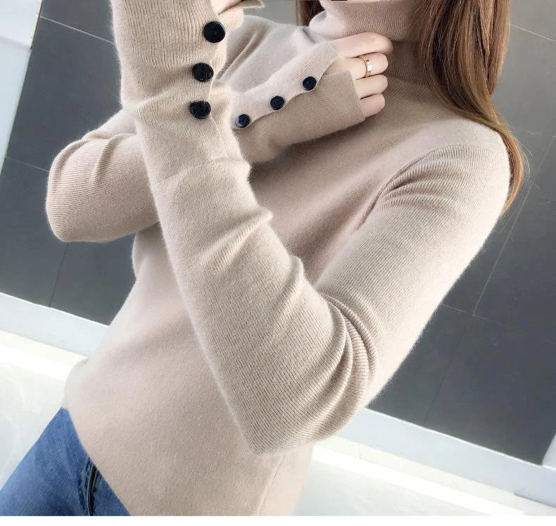 Heliar Dames Turtleneck Knopen Effen Warme Trui Lange Mouw Gebreid Basic