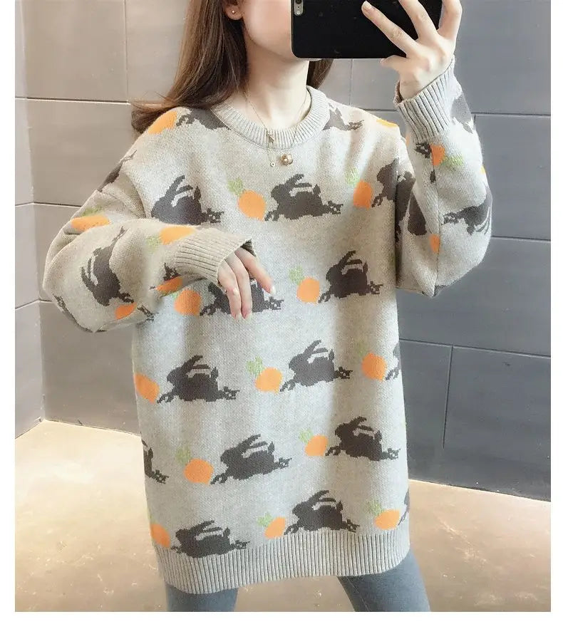 Retro Medium to Long Length Outerwear Fashionable Versatile Women s Sweater Wide Elastic Knitted
