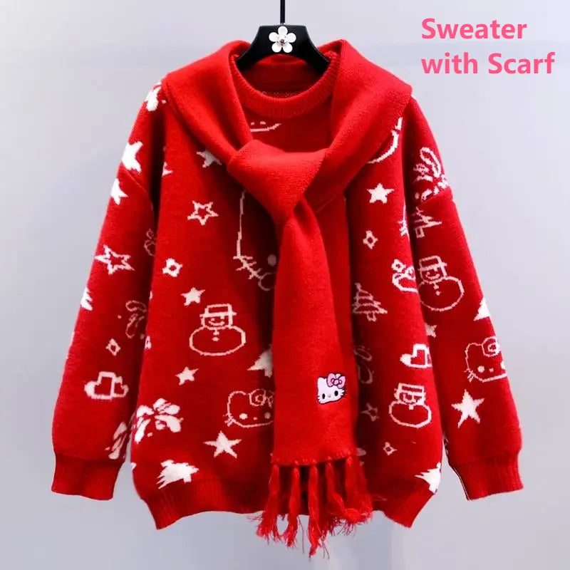 Kerst Hello Kitty schattige gebreide trui met sjaal voor vrouwen Y2k