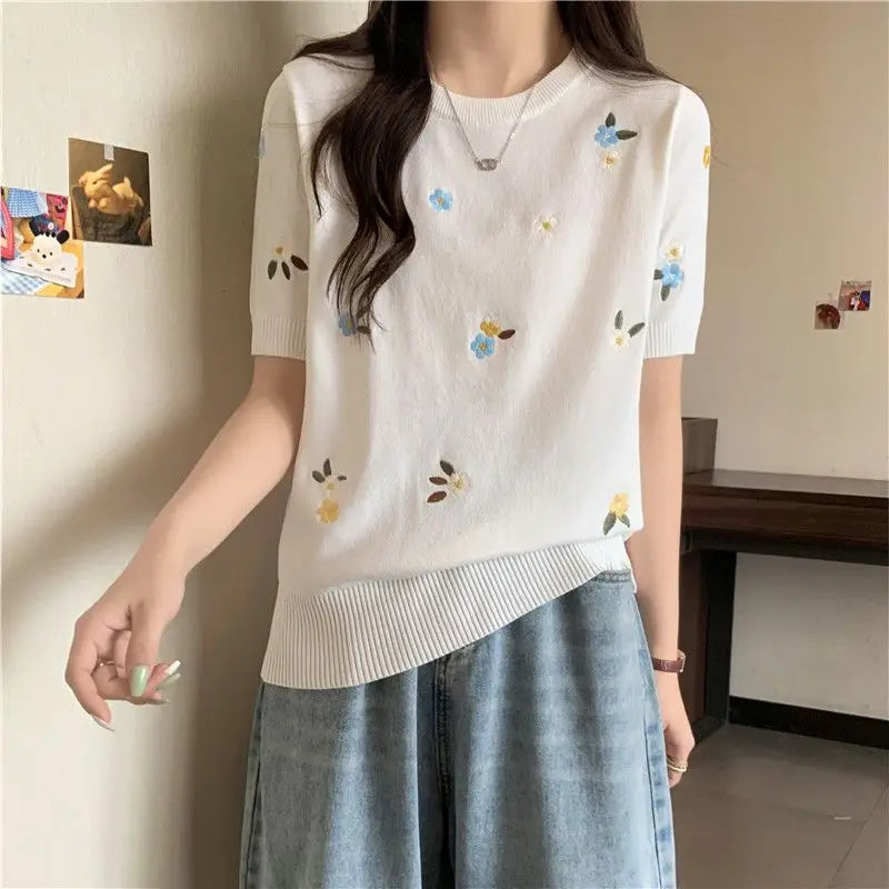 IJszijde Temperament Top voor Dames Trui Zomer Schouder Korte mouwen T-shirt