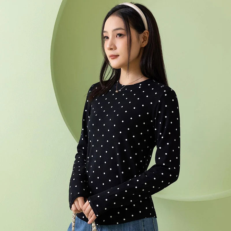 American Vintage Polka Dot Pullovers Women Spring Autumn Slim Fit Long Sleeve