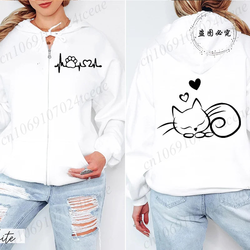 Dames Hoodie met Ritssluiting, Herfst Winter, Schattige Kat, Heatbeat Sweatshirt, Hiphop