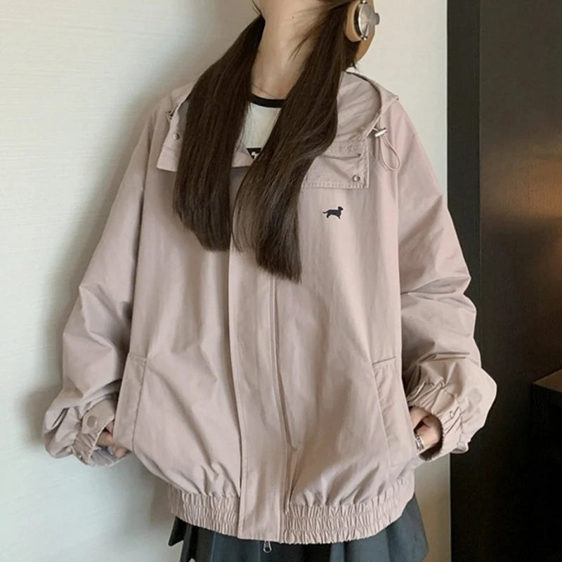 Koreaanse roze ritsjas voor dames, herfst/winter, windjack met omslagkraag