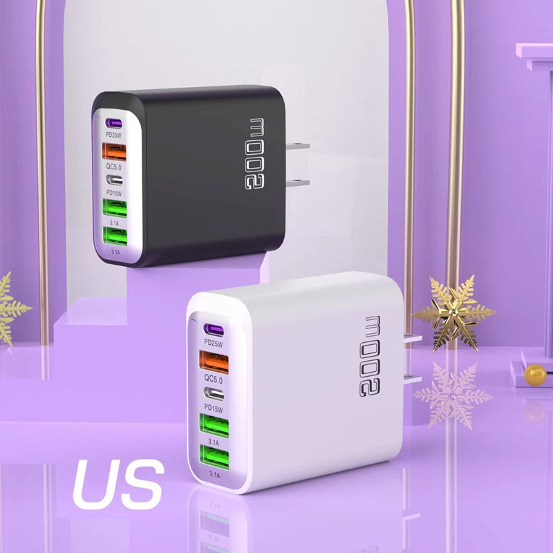 Total 200w Fast Charging Charger Five Ports Mobile Phone Charger 3u+2c