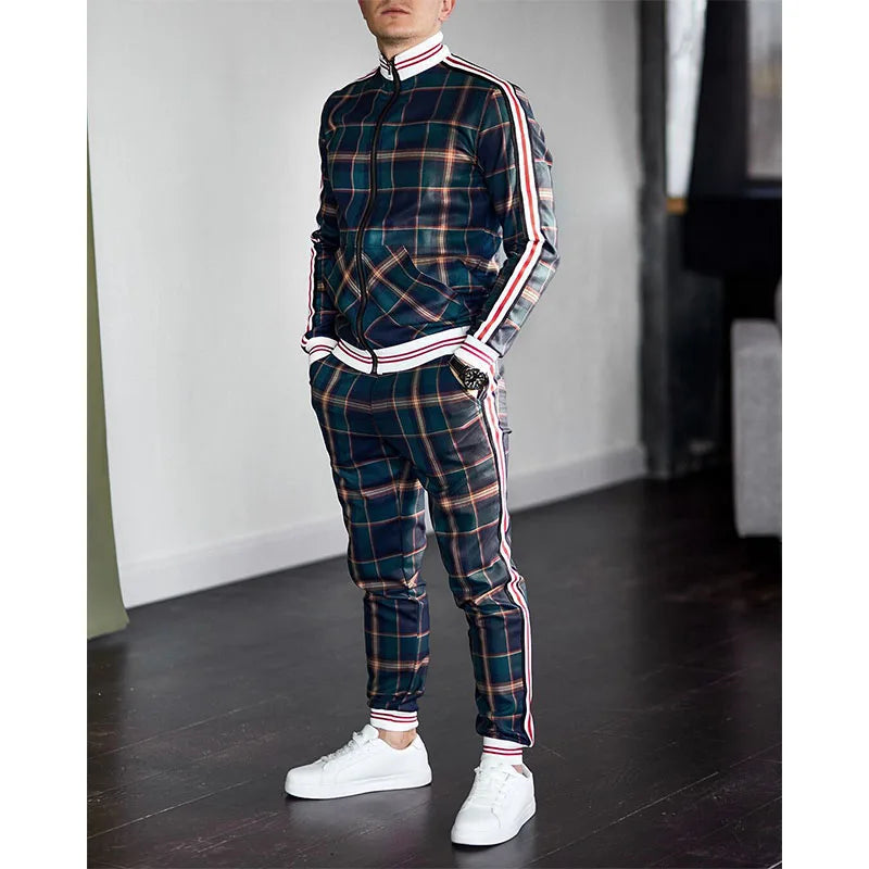 Mens Tracksuits Colorful Plaid Casual Zipper Hoodie Set 3D Print Set Autumn Male