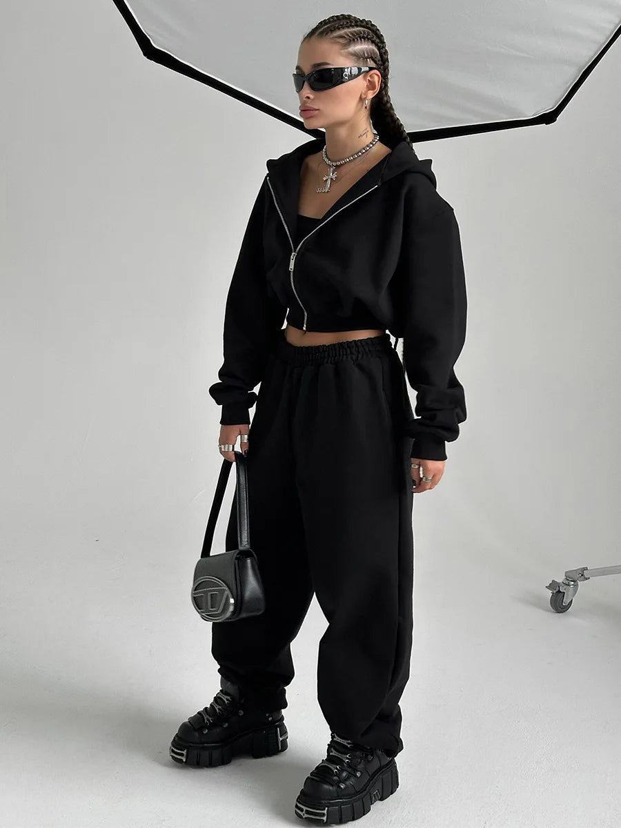 Bornladies Dames Cropped Hoodie Sweatpants Set Losse Trekkoord Taille Ritssluiting