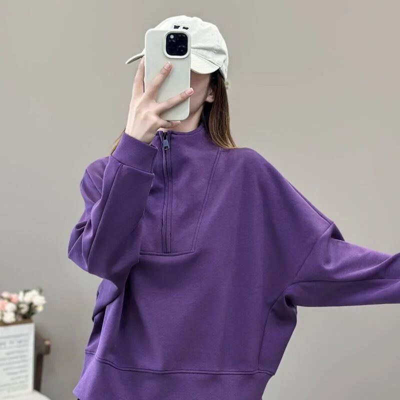 Fashionable and Casual Stand up Collar Sweatshirt Women in Spring and Autumn Loose Semi zipper