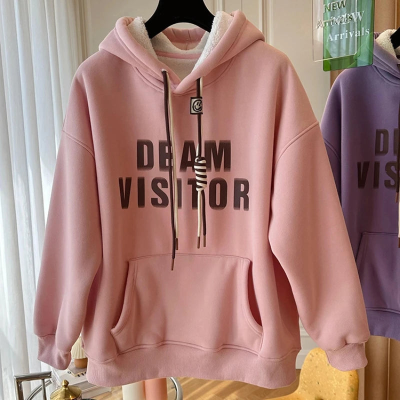 Loose Casual Letter Print Hooded Hoodies Sweatshirts Autumn Winter Thick Long