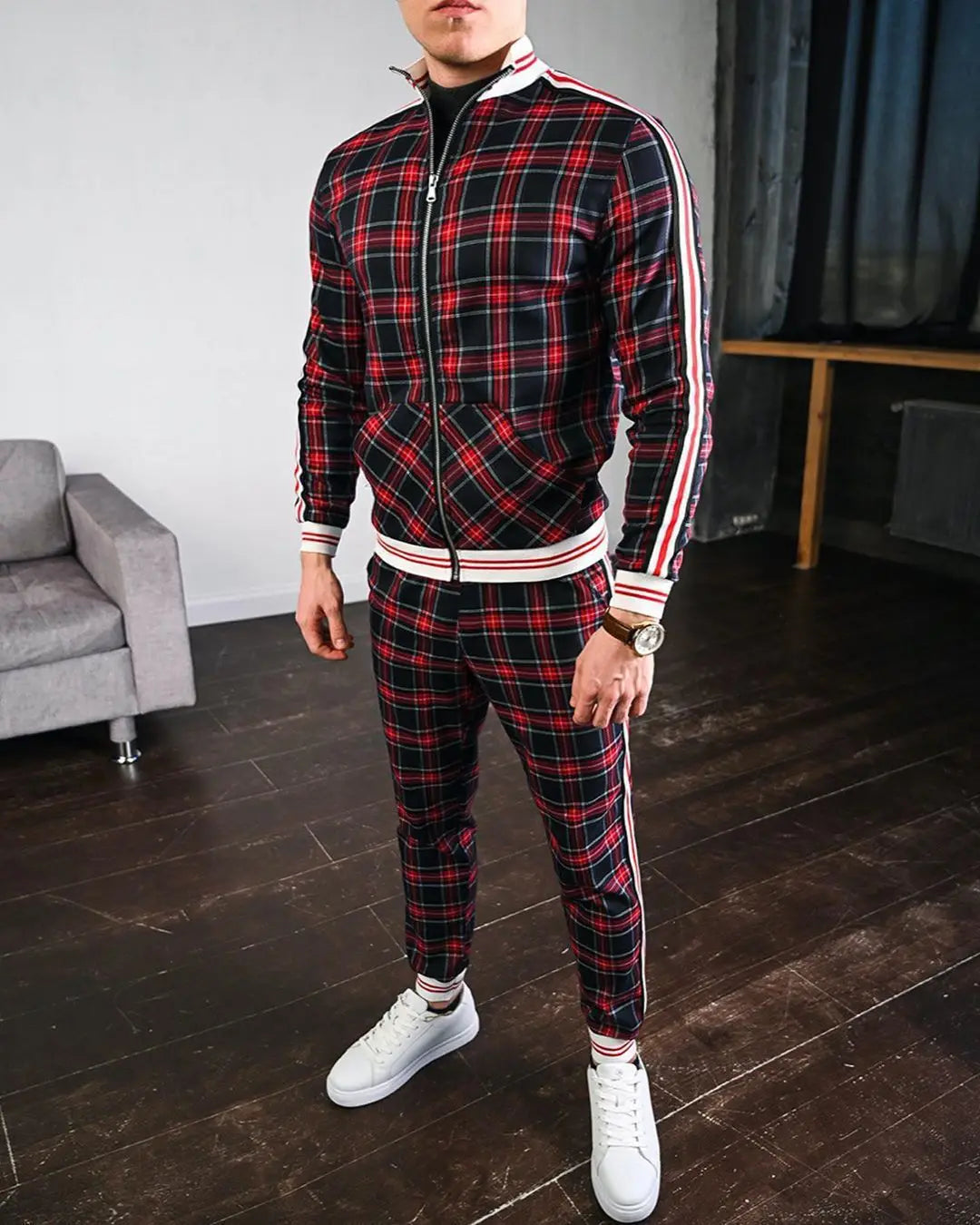 Mens Tracksuits Colorful Plaid Casual Zipper Hoodie Set 3D Print Set Autumn Male