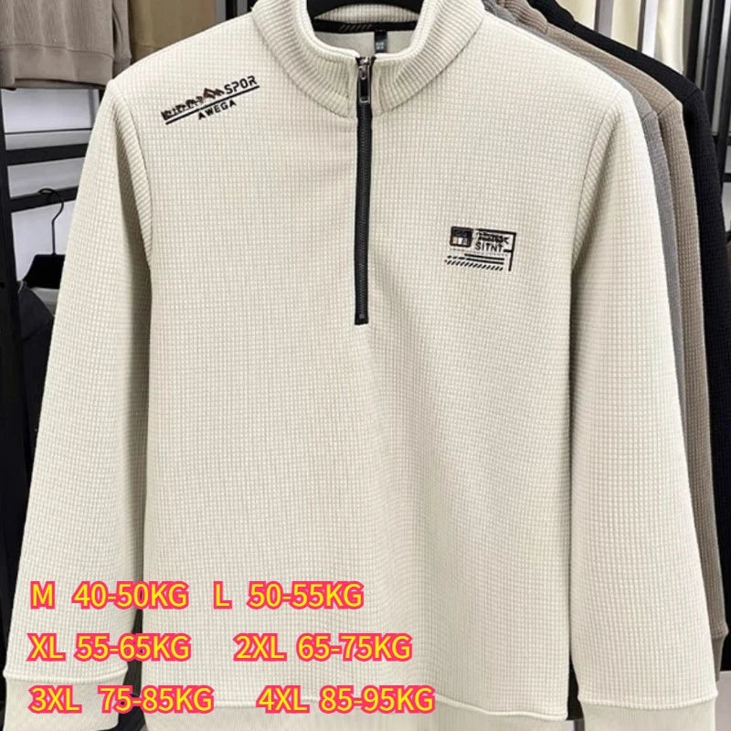 Men s Fleece Liner Sweatshirts Vintage Half Zipper Print Plaid Texture Thick Wool Warm Pullover