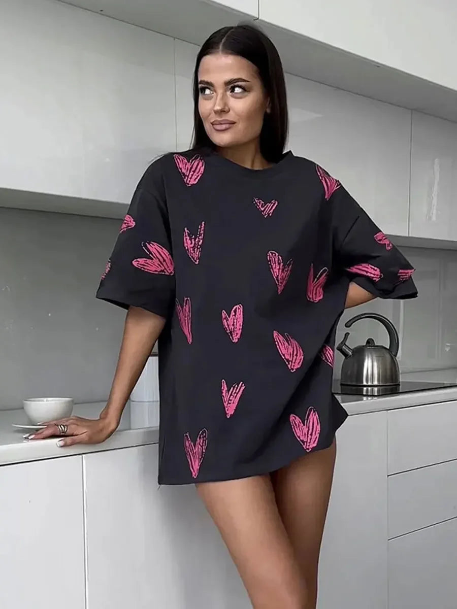 Bornladies Casual O-hals hartprint dames T-shirt zomer korte mouw los