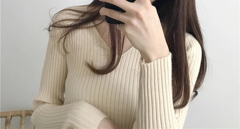 Heliar Dames V-hals Slim Sexy Trui Gebreid Lange Mouw Effen Onderkant Trui