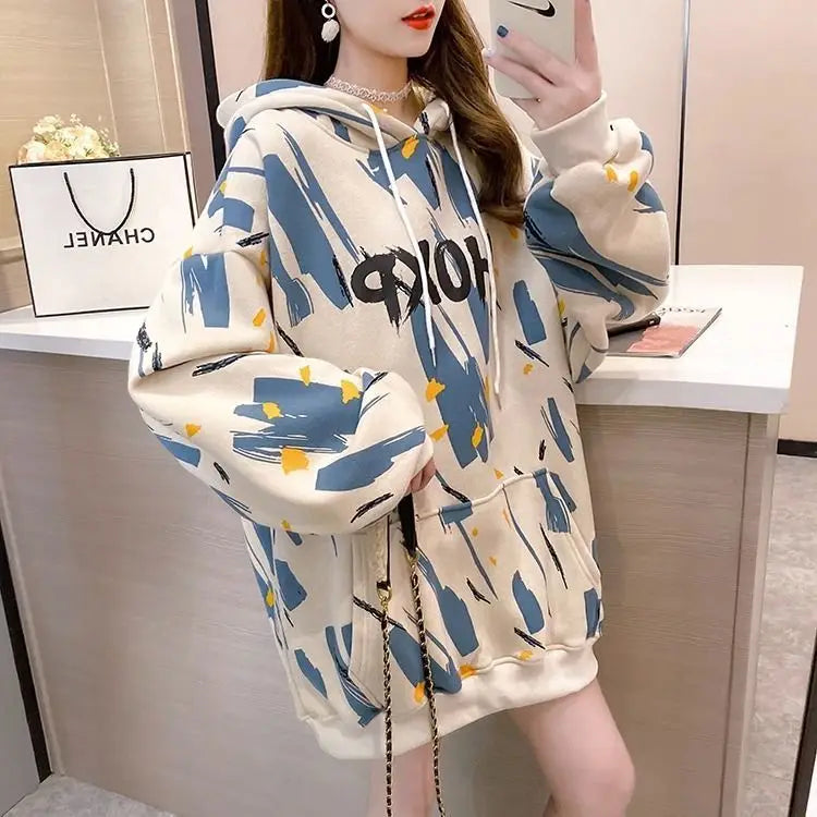 Hoodie met capuchon en flanellen stof voor dames, Koreaanse versie, losse top met middellange mouwen, jas in luie stijl