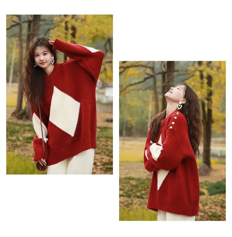 Kerstrode losse trui voor dames, herfst- en wintermode, gebreide top, dik