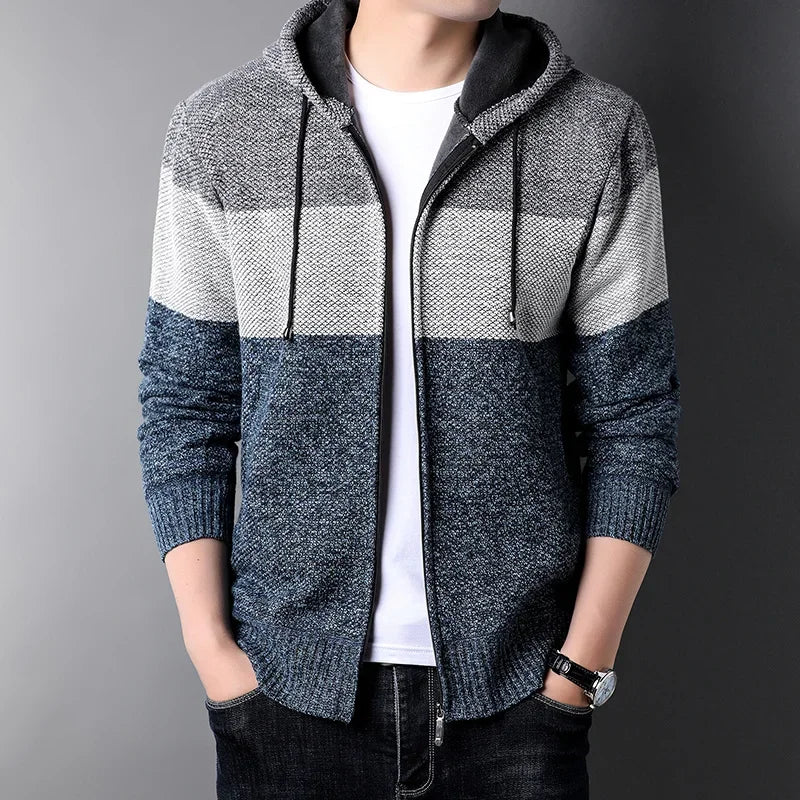 Men s Casual High Neck Long Sleeve Knitted Hoodie Coat Velvet Warmth Autumn Winter Fashion Multi