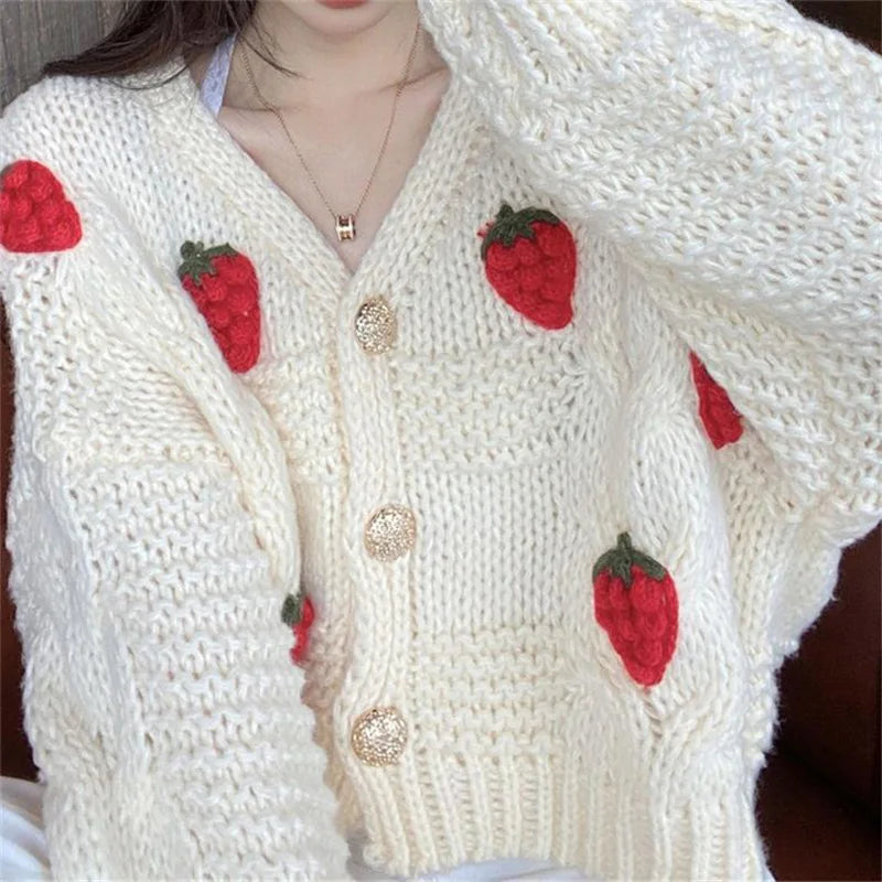 Zoete Aardbei Decor V-hals Cardigan Dames Koreaanse Hollow Out Crop Cardigans