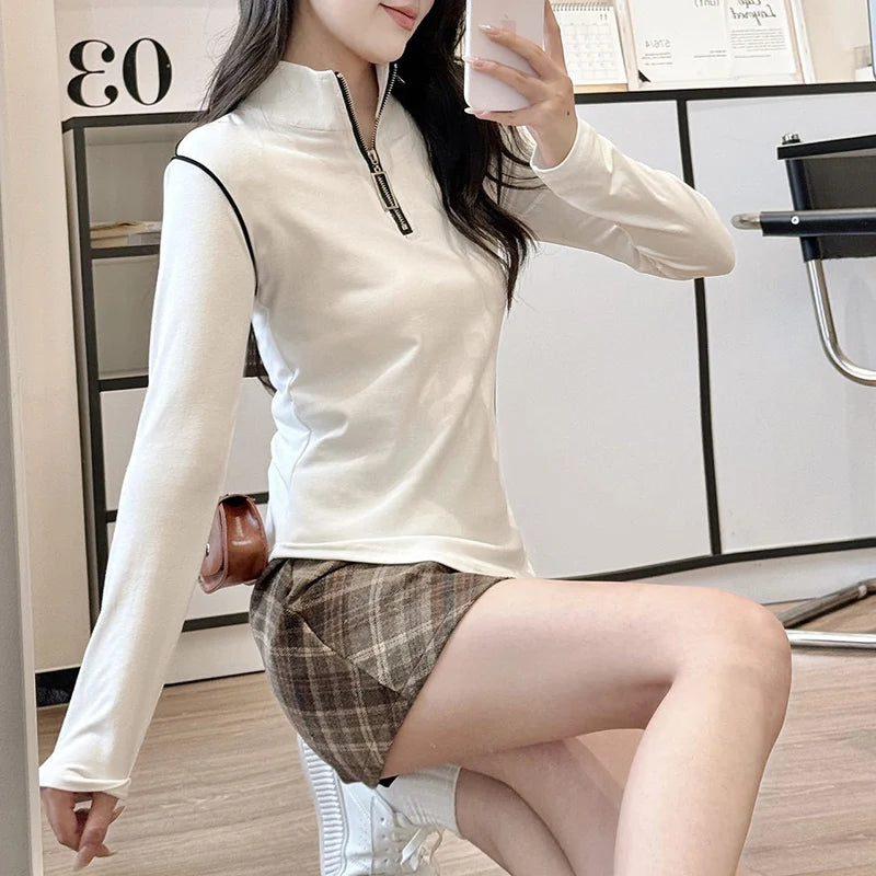 Koreaanse ritsen lange mouwen T-shirt voor vrouwen staande kraag slim fit trui vrouw