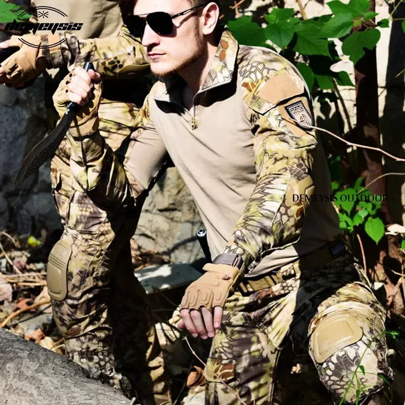 Woodland Camouflage Uniform Tactical Combat Suit Airsoft War Game Clothing Shirt + Pants Elbow