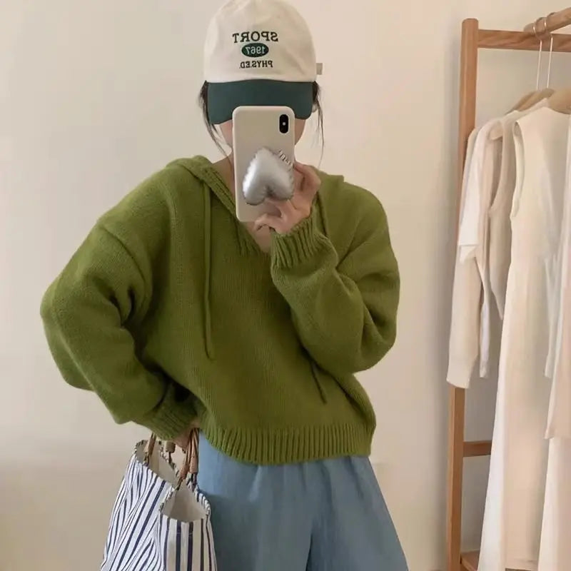 Koreaanse gebreide hoodie met capuchon, effen kleur, zachte en losse bedekking