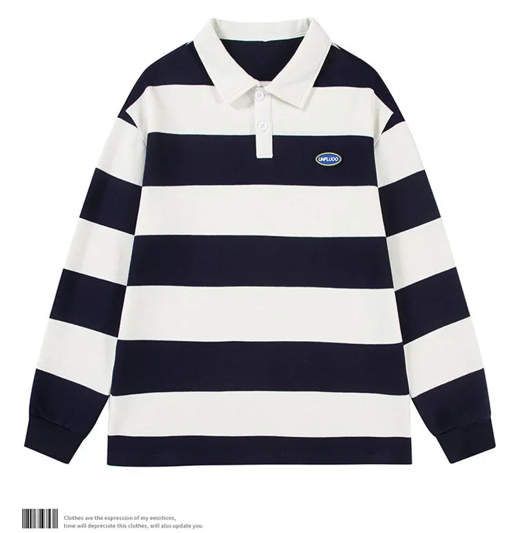 Loose Unisex Spring Autumn Trendy Striped Sweatshirt Cotton Polyester Material Couple Hong Kong