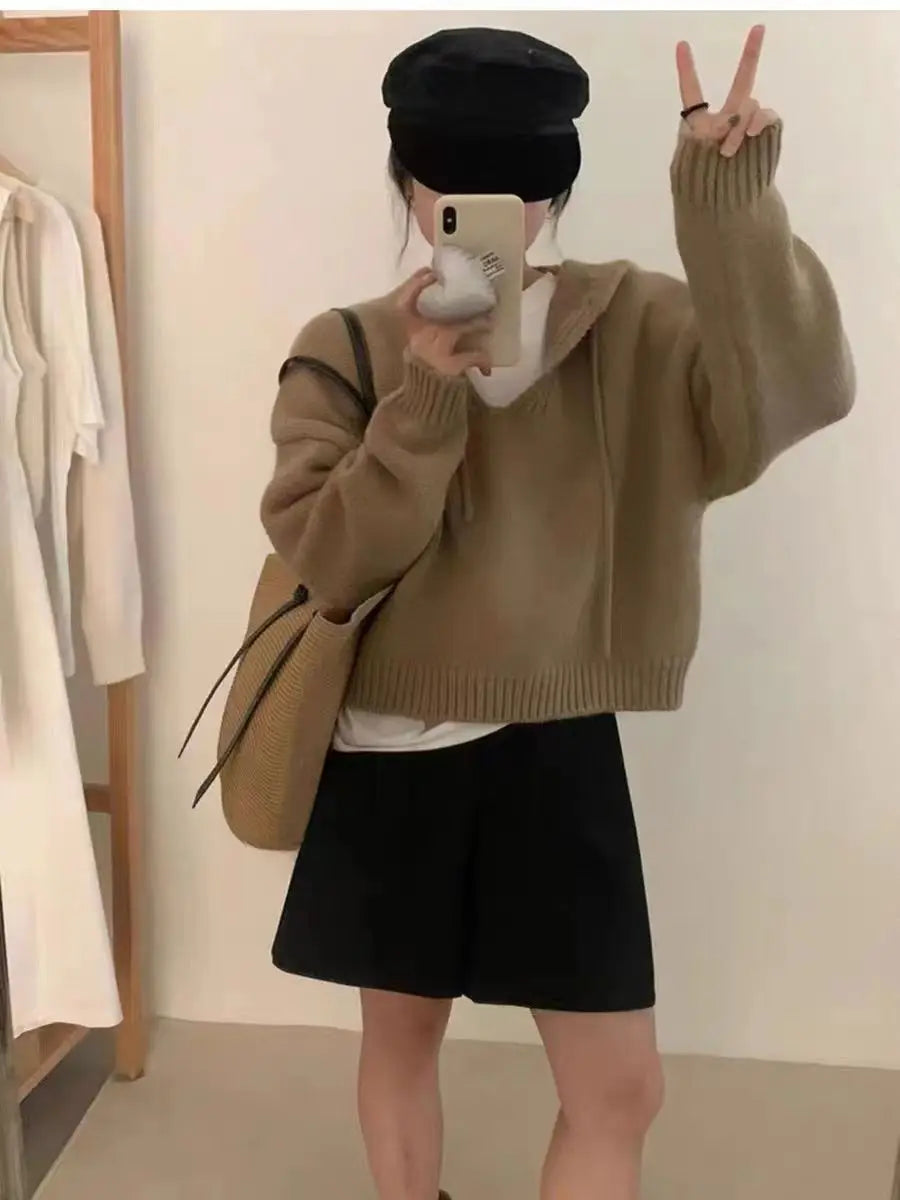 Koreaanse gebreide hoodie met capuchon, effen kleur, zachte en losse bedekking