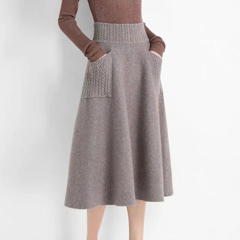 Biyaby Winter Dames Gebreide Midi Rokken Koreaanse Twee Zakken Katoenen Lange Rok