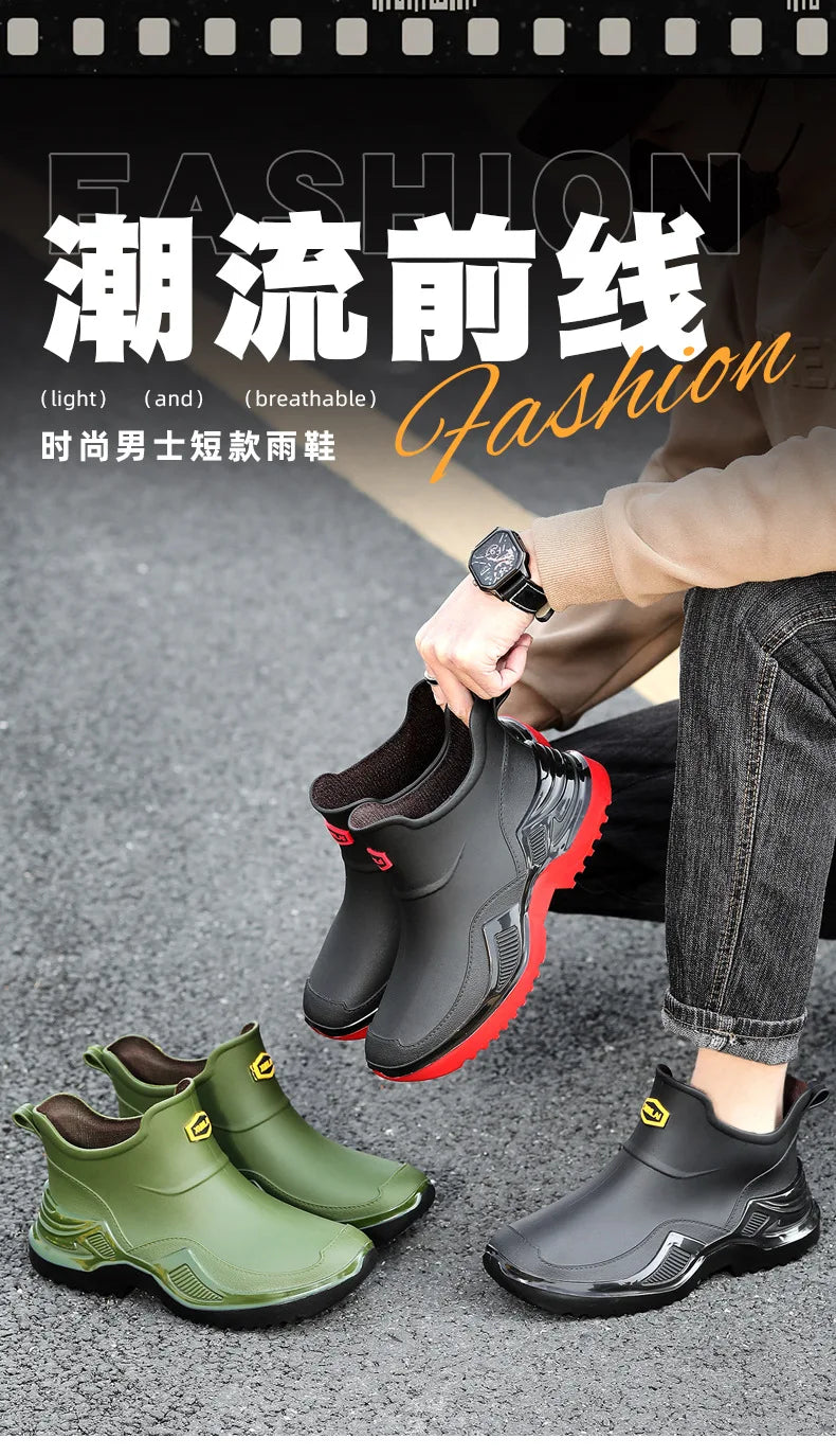 Korean Style Short Sporty Rain Boots Thickened Wide Comfortable Men s Slip On Water Shoes Anti