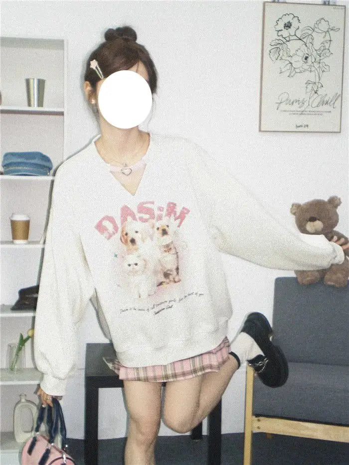 College-stijl schattige bedrukte fleece hoodie met lange mouwen voor dames en uniek ontwerp Sense Niche Loose