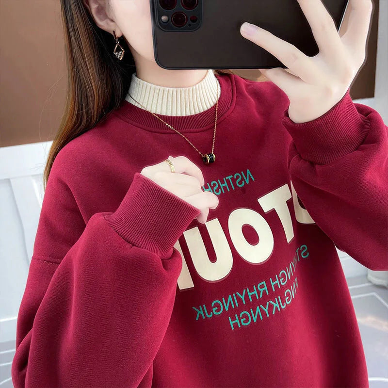 Dames Winter Koreaanse Letter Gedrukt Halfhoge Kraag Dikke Warme Streetwear Sweatshirt Vrouwelijke Casual