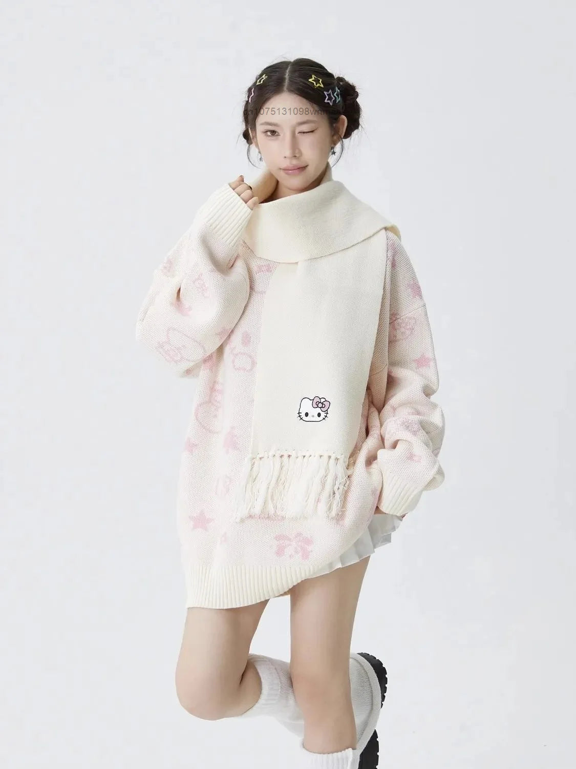 Kerst Hello Kitty schattige gebreide trui met sjaal voor vrouwen Y2k